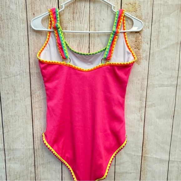 Neon Pink One-Piece Swimsuit with Colorful Trim Sz L​ - Picture 4 of 8